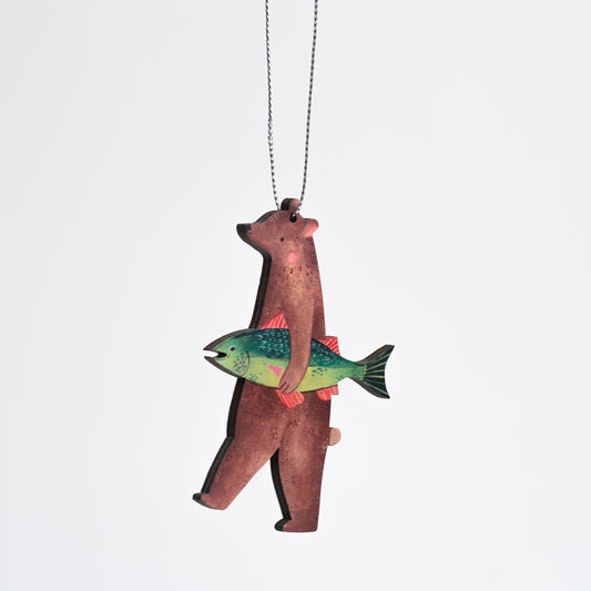 Bear & His Fish Wooden Ornament