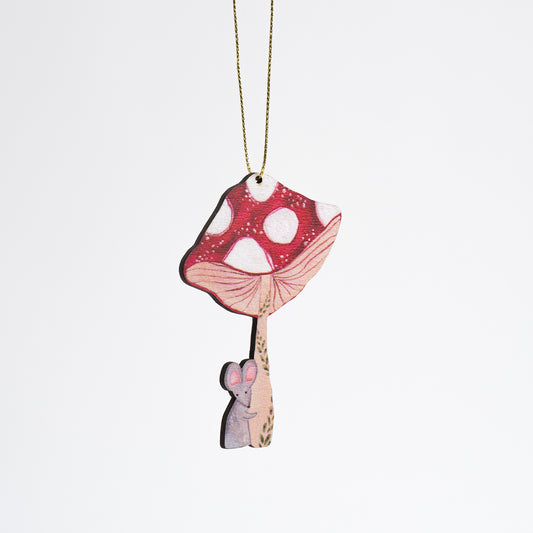 Mushroom Mouse Wooden Ornament