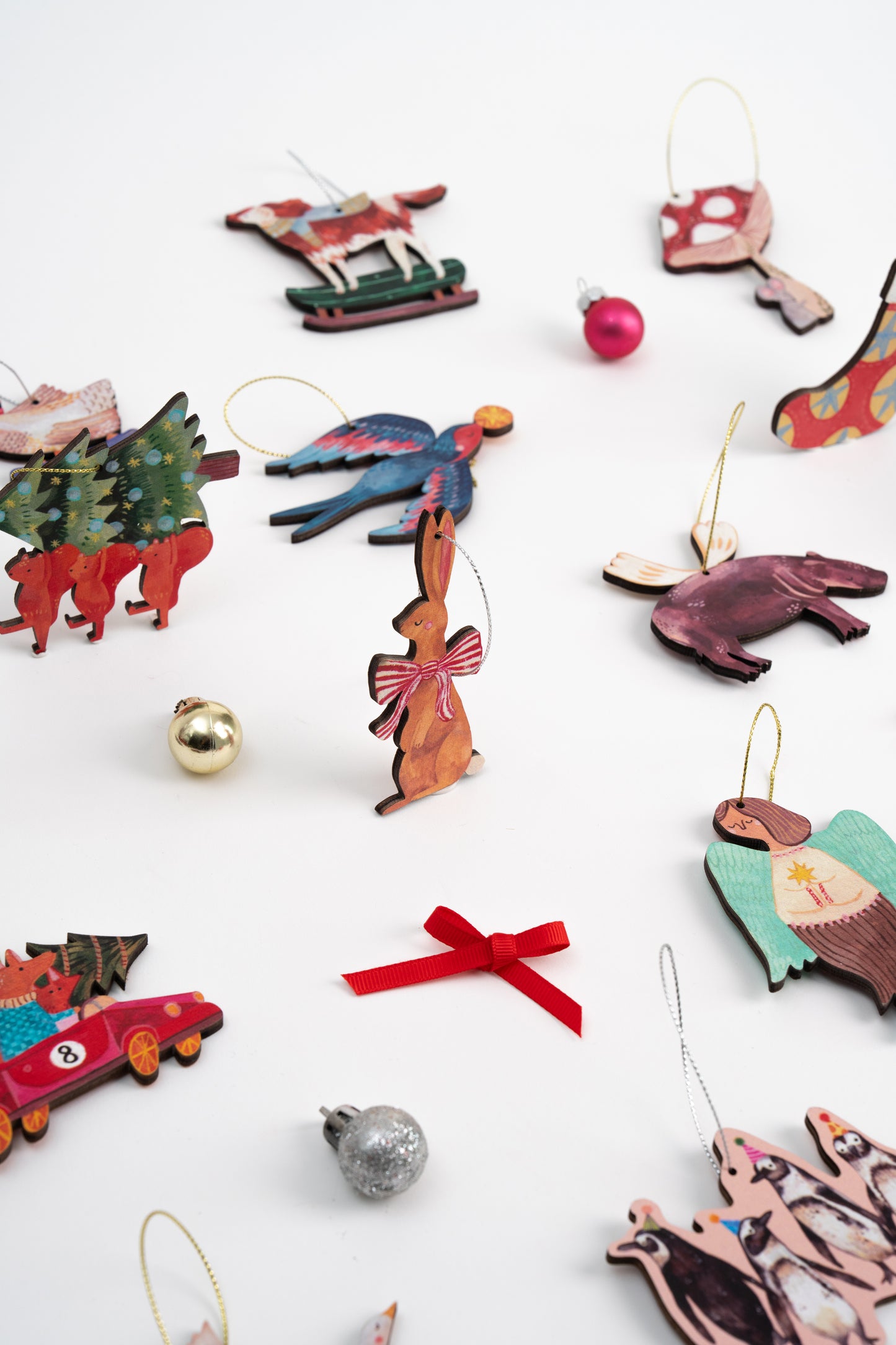 Rabbit Bow Wooden Ornament