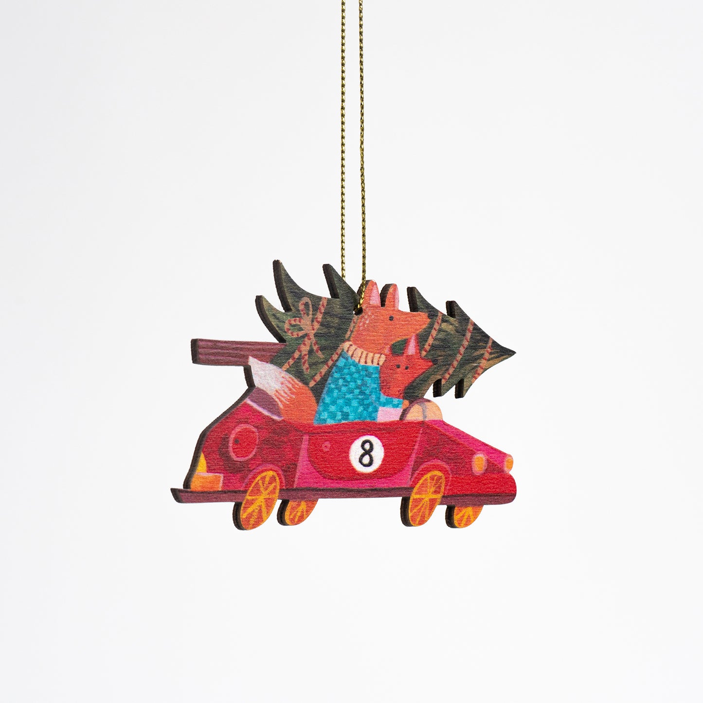 Fox Christmas Car Wooden Ornament
