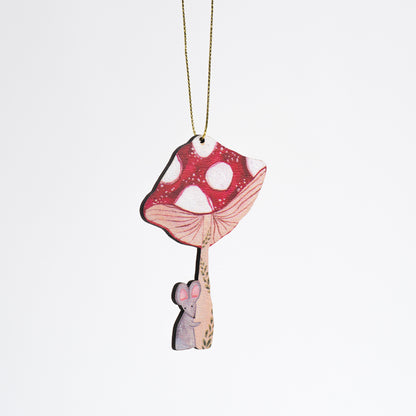 Mushroom Mouse Wooden Ornament
