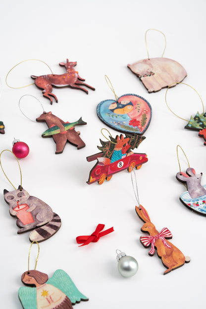 Bear & His Fish Wooden Ornament